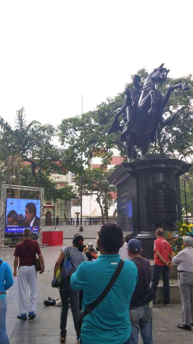 Plaza Bolivar in the heart of El Silencio, one of the main downtown areas of Caracas. You can see Maduro addressing a conference of leaders from the Americas - this was being broadcast live to an audience in the square